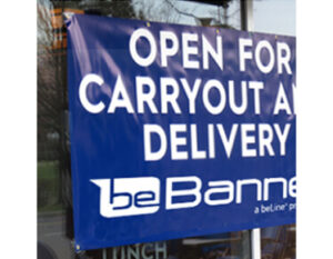 Blue carryout banner sign